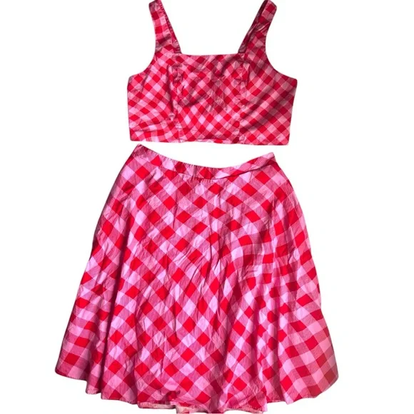 Scoop Skirt Crop Top Set Pink Red Checkered Picnic Summer XL - Picture 5 of 14